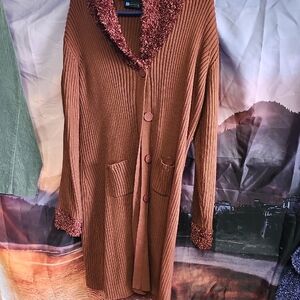 Relativity Brown Cardigan with Fuzzy Trim